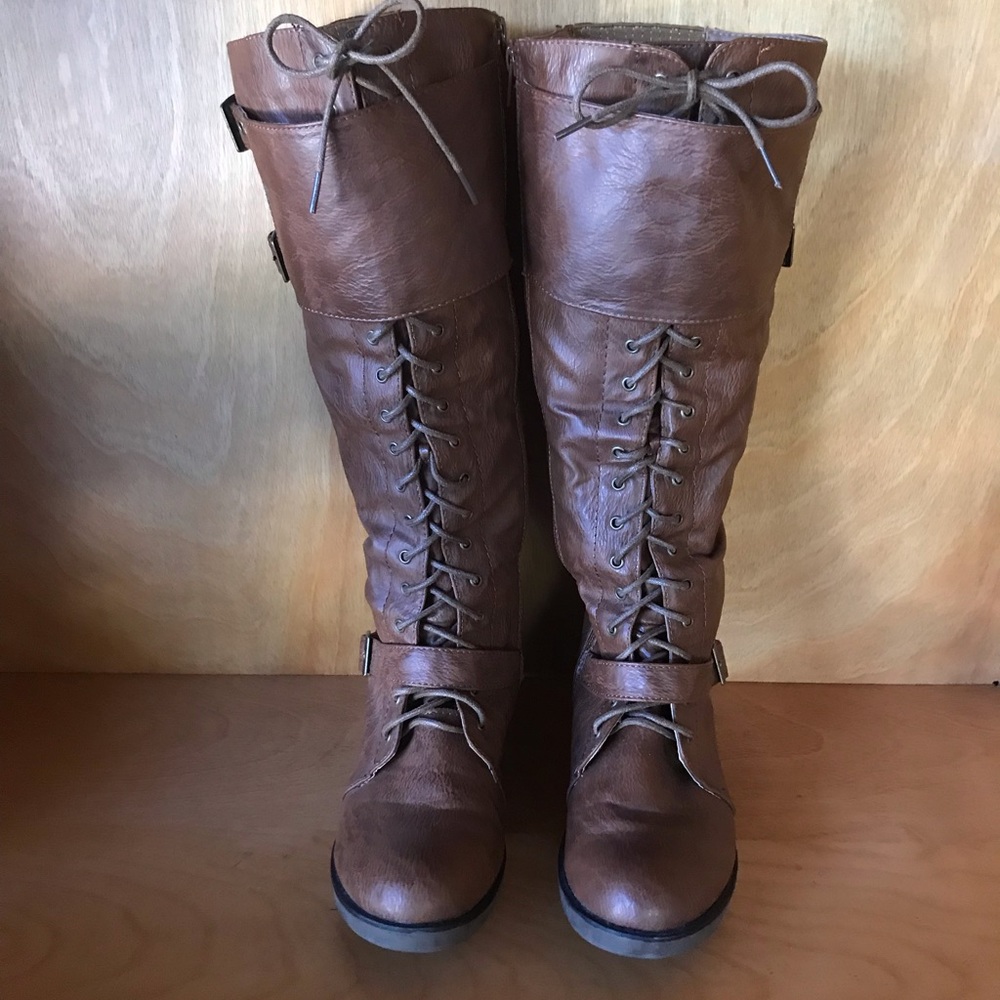 Brown Combat Military Knee High Riding Boots